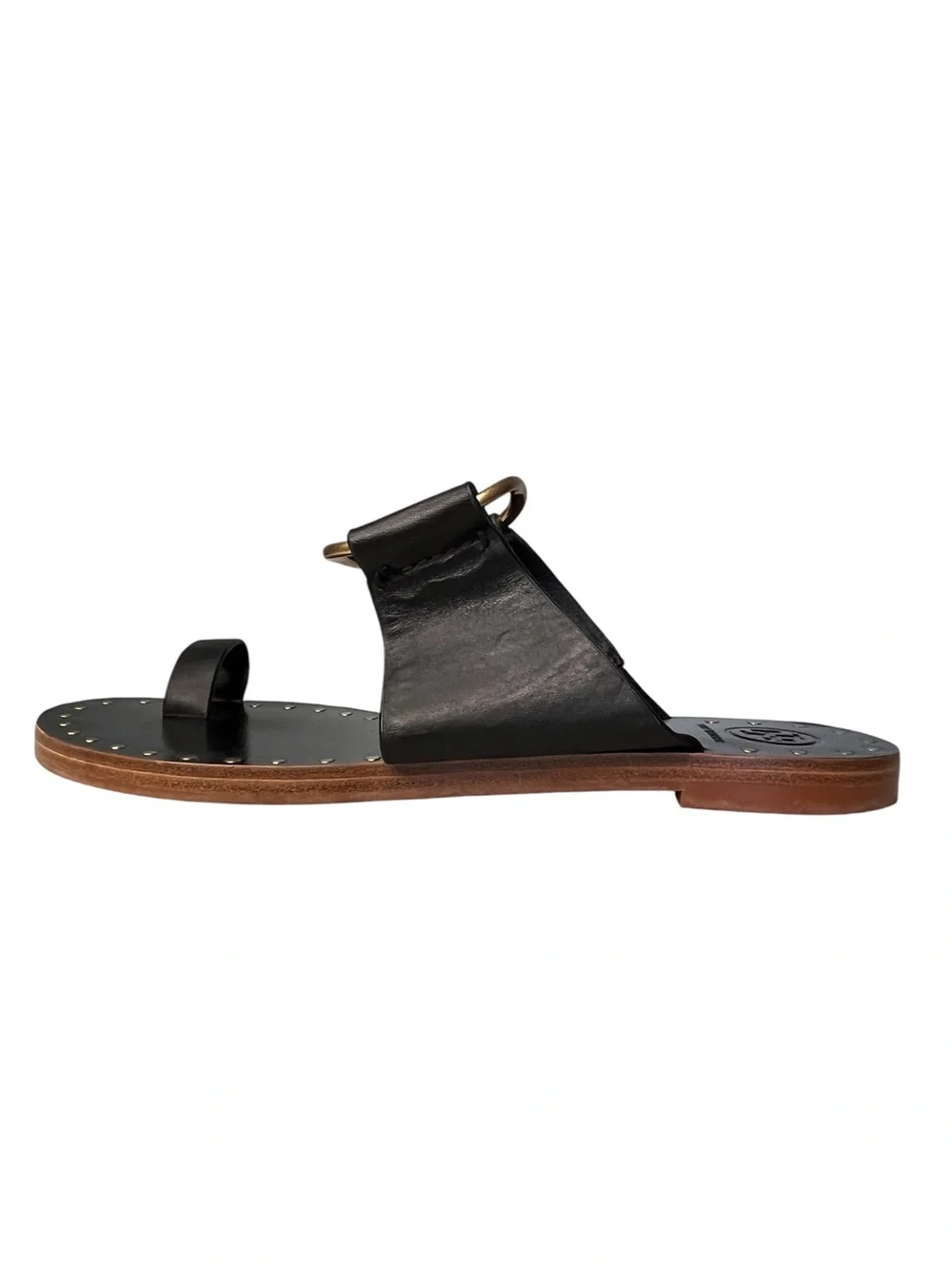 Tory Burch Ravello Black Leather Toe Ring Gold-Tone Studded Sandals Sz 8